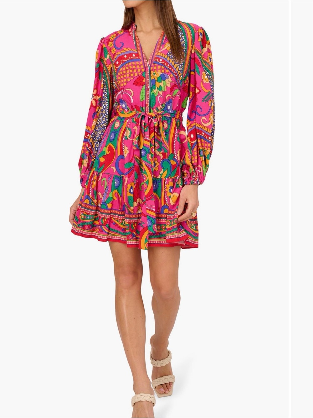 Adrianna Papell Pink Multicolor Paisley Tie-Waist Mini Dress